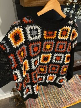 BiBi Black Crochet Patchwork Sweater with Orange, Yellow and Gray Accents